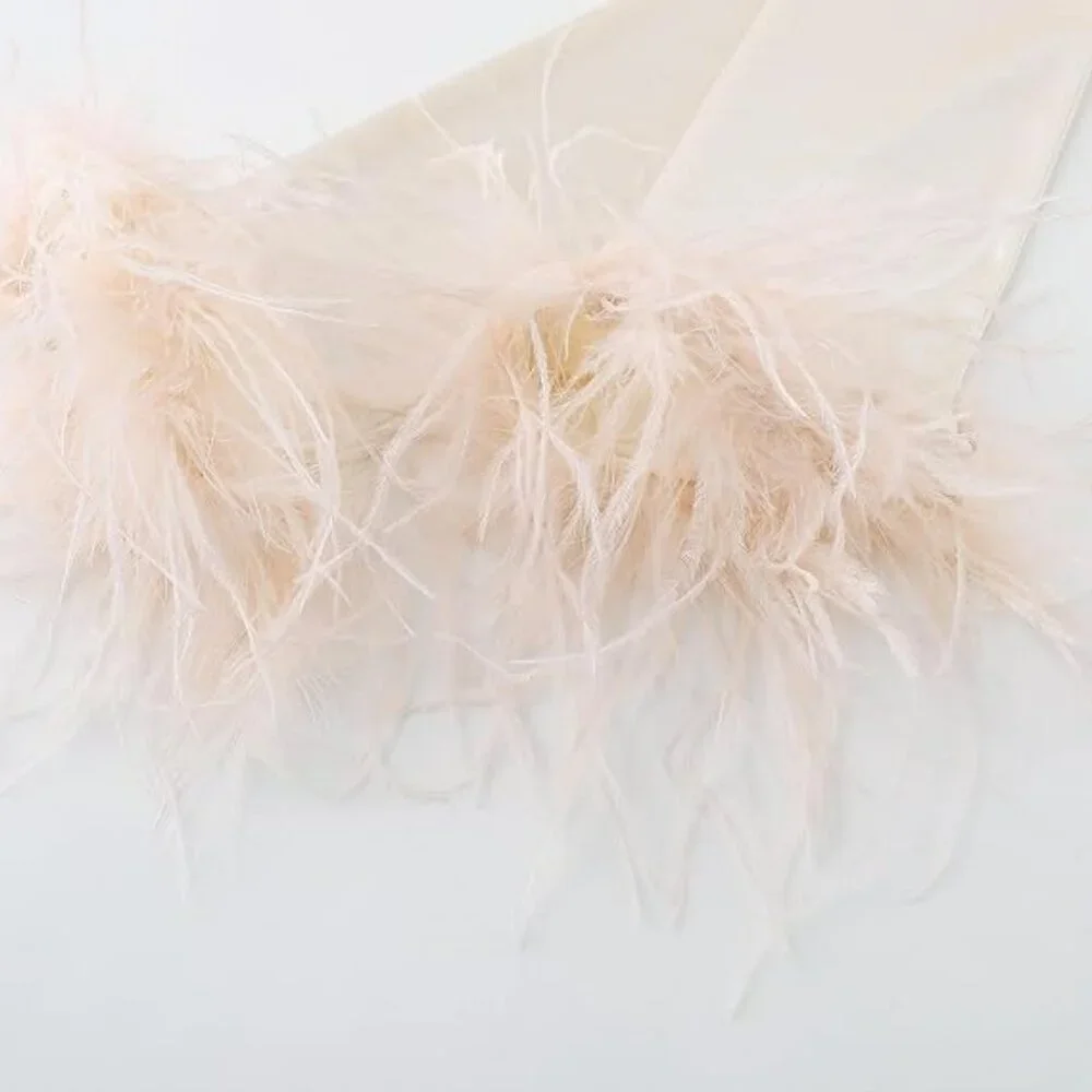 Women's Evening Cream Feather Long Satin Gloves Stretchy Elbow Halloween Costume